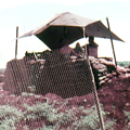 Wooden military structure dug into red soil behind wire mesh fence