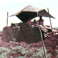 Wooden military structure dug into red soil behind wire mesh fence