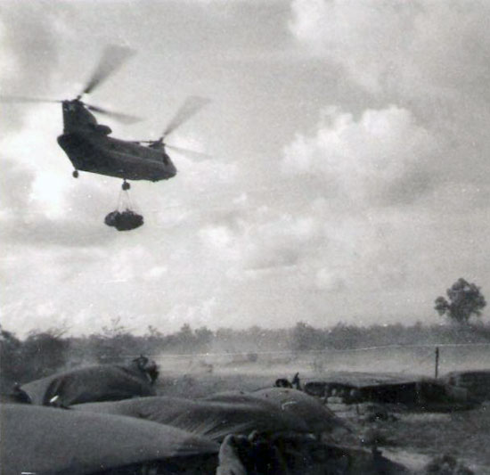 Helicopter carrying supplies to FSB Coogee, May 1968