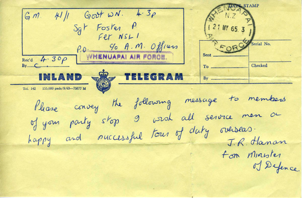 Telegram from Minister of Defence to members of NEWZAD, 1965 Telegram from Minister of Defence to members of NEWZAD, 1965