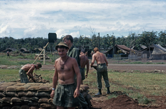 Members of 161 Battery dig defences at Nui Dat, circa 1966-1967