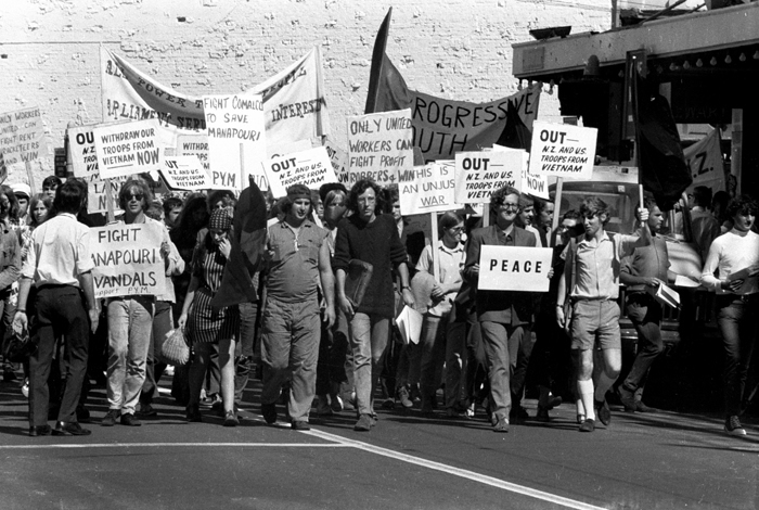 Competing slogans during protest in Wellington, April 1970 Competing slogans during protest in Wellington, April 1970