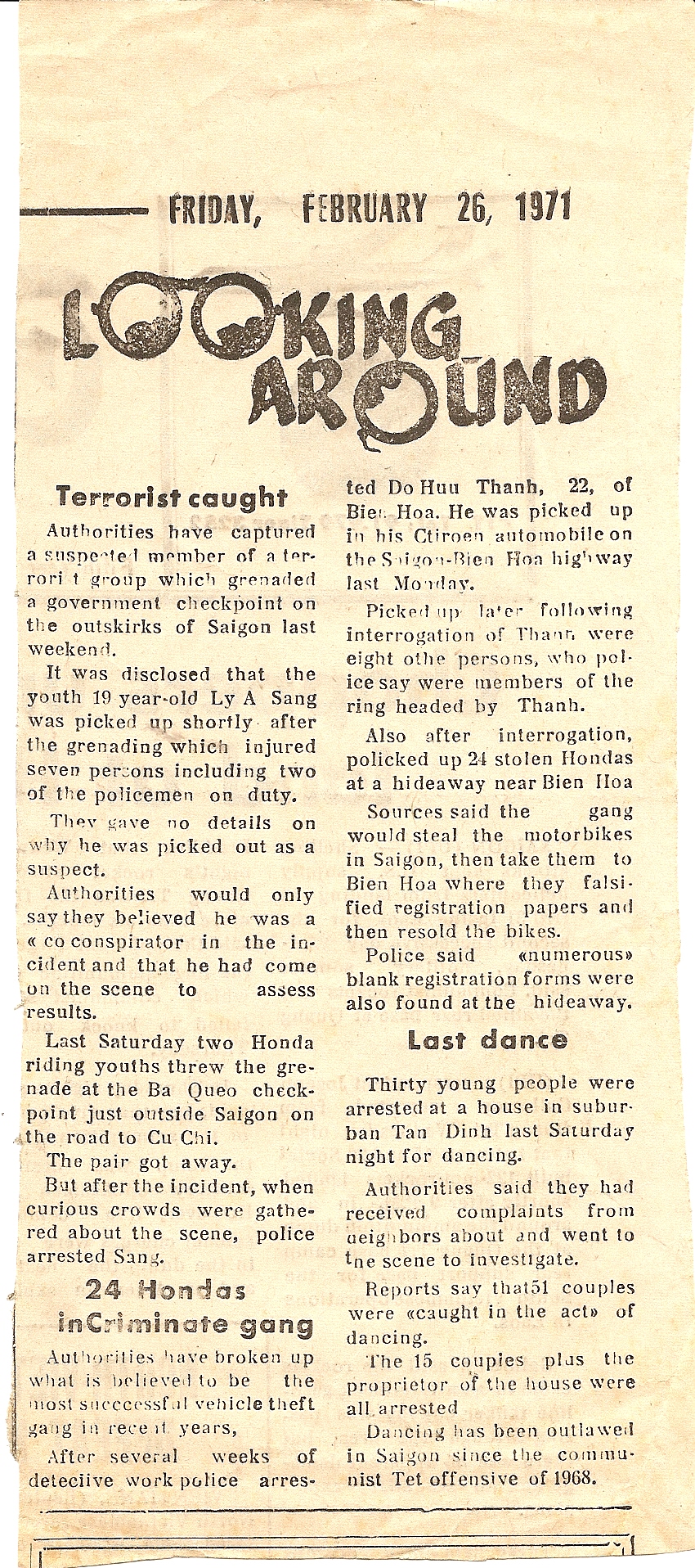 Gossip column in The Vietnam Guardian, 1971