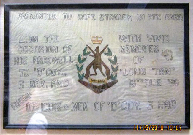 Flag presented to Captain Morrie Stanley by members of D Company 6RAR, 1966 Flag presented to Captain Morrie Stanley by members of D Company 6RAR, 1966