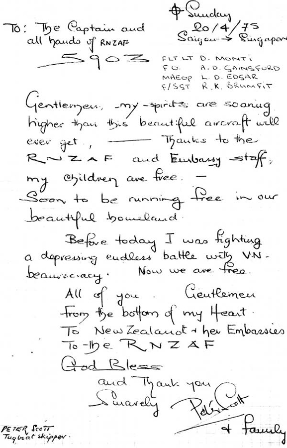 Note from Peter Scott to RNZAF crew, April 1975 Note from Peter Scott to RNZAF crew, April 1975