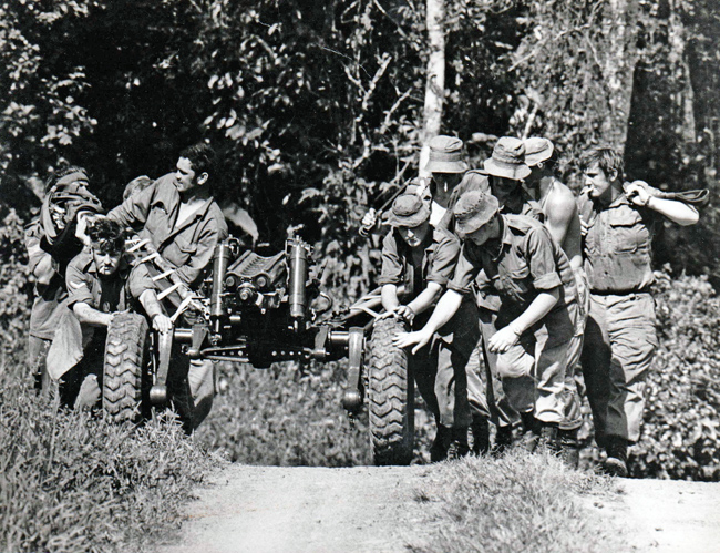 Vietnam veterans Toi Rawire (left foreground) and Jeffery Waters (right foreground) during an artillery exercise in Fiji Vietnam veterans Toi Rawire (left foreground) and Jeffery Waters (right foreground) during an artillery exercise in Fiji